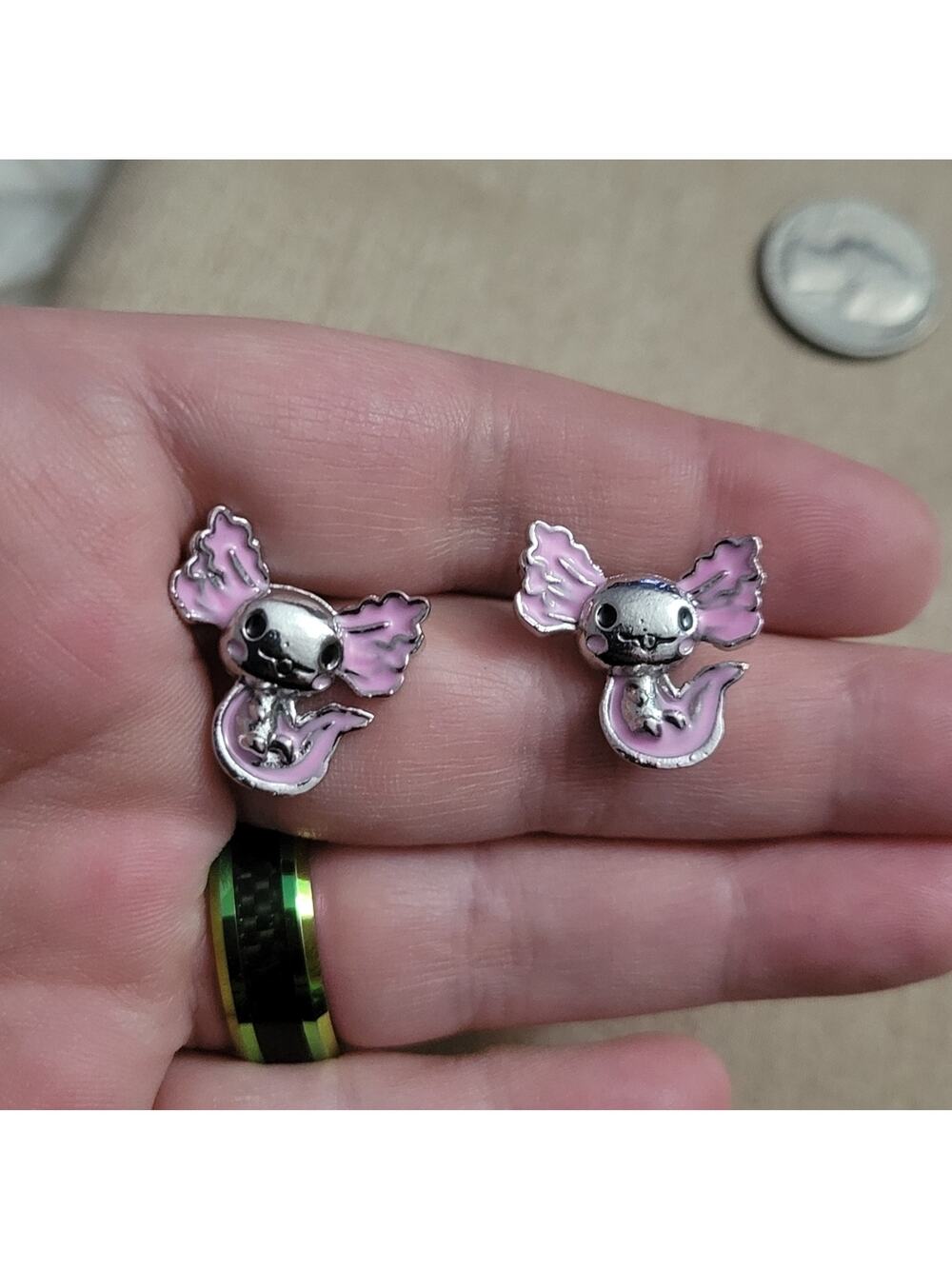 Axolotl earrings, silver & pink post/stud